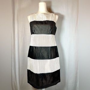 MUSE Vintage Black White “Leather” Midi Sleeveless Eyelet Nude Liner Dress Sz 6